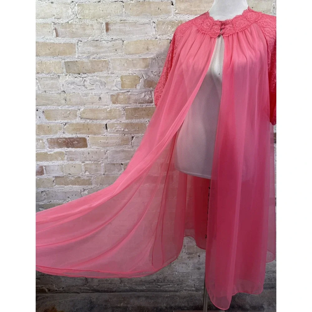 Pink Chiffon Nightgown Peignoir Robe Barbie Ballerina Sissy Coquette Vintage 60s - Picture 10 of 15